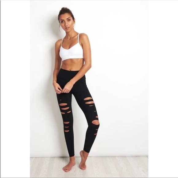 Alo M Black High Waisted Ripped Warrior Yoga Legging Made in Portugal - Picture 2 of 10